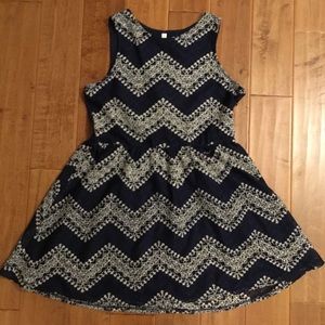 Navy blue and cream embroidered lace dress